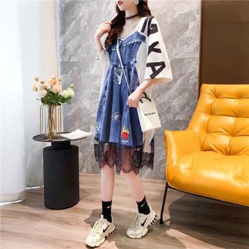 Summer 2021 New Plus Size Loose Short Sleeve T-shirt Black Dress Women Design Feeling Fake Two Piece Splicing Lace Long Dress