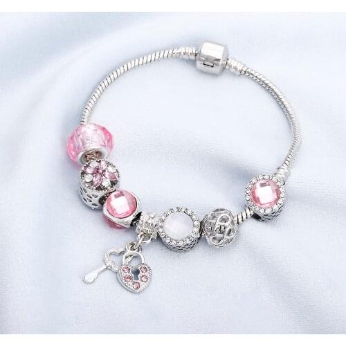 New Fine Pink Crystal Beaded Bracelet With Key Lock Pendant Snake Chain Fit Bracelets&Bangles Women Charm Jewelry Gift Pulseras