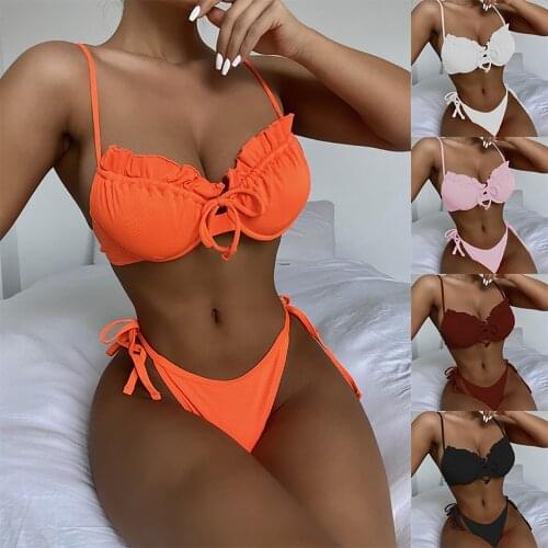 Sexy Ribbed Ruffles Bikinis Swimsuits for Women Bra and Lace Up Thong Swimming Bathing Suit Beach Style Swimwear Monokinis 2021