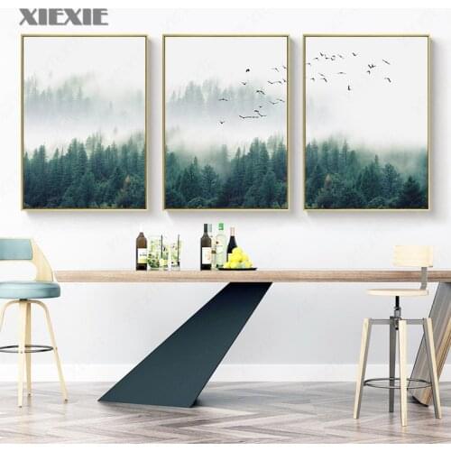 Nordic Posters and Prints Fog Forest Birds Landscape Canvas Painting Poster Print Wall Art Picture Living Room Home Office Decor