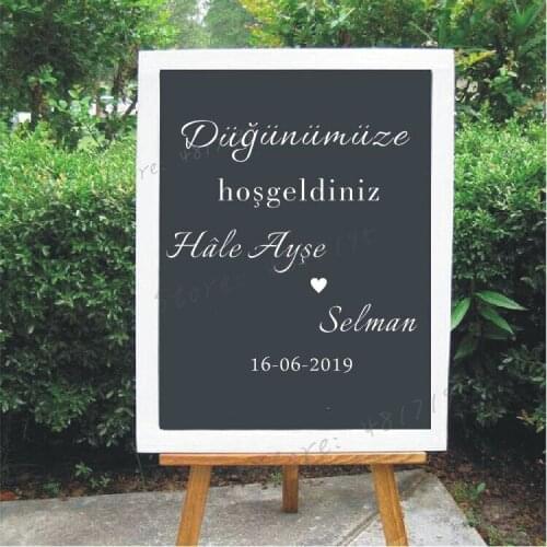 Turkish Version Wedding Decor Custom Couple Names And Date Vinyl Sticker Wedding Welcome Sign Board Mirror Decal Mural Art AZ654