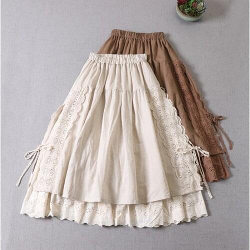 Japanese lace linen skirts literature and art skirt female embroidery skirt