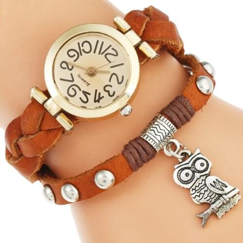 Gnova Top New Premium Genuine Leather Owl Pendant Watch Women Gold Irregular Numbe Dial Triple Bracelet Wristwatch Quartz