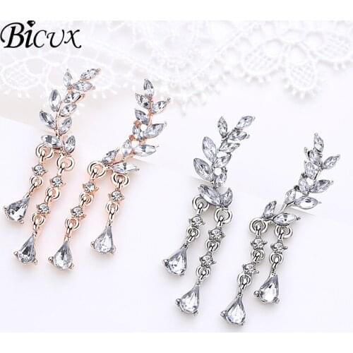 BICUX Fashion New Korean Sstatement Tassel Leaves Crystal Stud Earrings for Women Party Dangle Water Drop Zircon Earring Jewelry