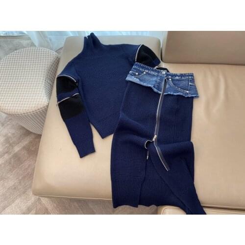 Fashion 2021 new ladies suit contrast color high neck short knit sweater + stitching denim skirt 2-piece set 0928