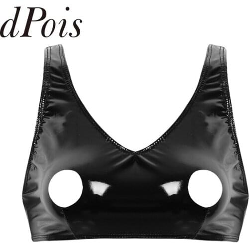 Sexy Womens Wet Look Patent Leather Bra Lingerie Wide Shoulder Straps Open Nipples Hole Design Back Zipper Bra Top Crop Top