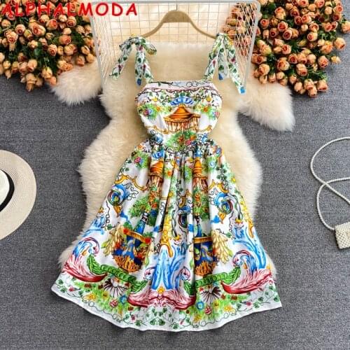ALPHALMODA 2021 Summer French Retro Print Luxury Bow Tie Strap High Waist Women Dress Vintage Holiday Sundress