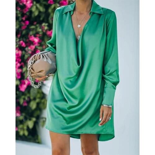 Foridol Shirt Satin Dress Women Long Sleeve Party Autumn Winter Green Dress Casual Loose Oversized Short Dress Plus Size 2021