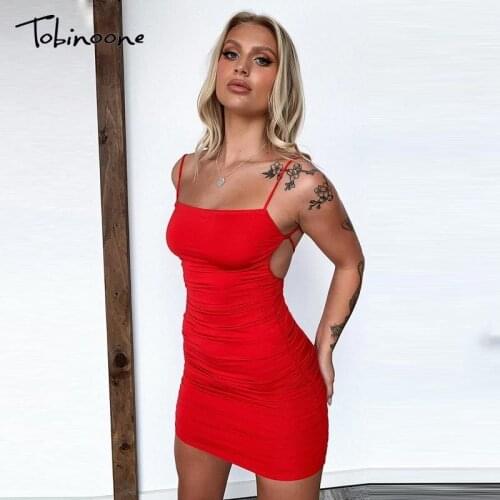 Tobinoone Ruched Criss Cross Backless Mini Dress Women Solid Spaghetti Strap Sexy Bodycon Dresses Summer Cut Out Party Vestidos