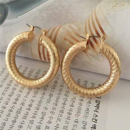 Bohemia Gold Color Plating Textured Thick Copper Hoop Earrings For Women Girl Casual Modern Chic Trendy Jewelry Accessory