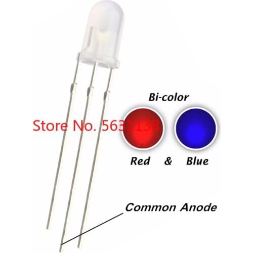 100pcs 5mm Diffused chip LED Red And Blue Common Anode 5 mm Bicolor Round Head Lamp Light Beads Emitting Diode cree leds power