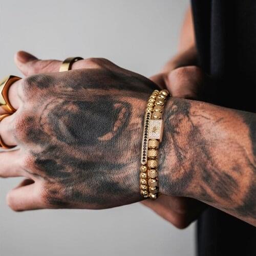 2pcs/set Charm Bracelet Men Stainless Steel Bracelet Beads Gold Bracelet Set Luxury Bracelets For Men Cz Zircon Crown Bracelet