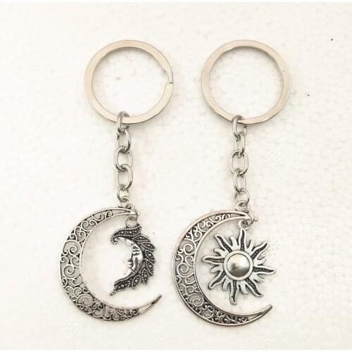 2Pcs Daily Life Inspired New Silver Plated 3D Fashion Sun, Moon, Half Moon Pendant Keychain Fashion Mini Jewelry
