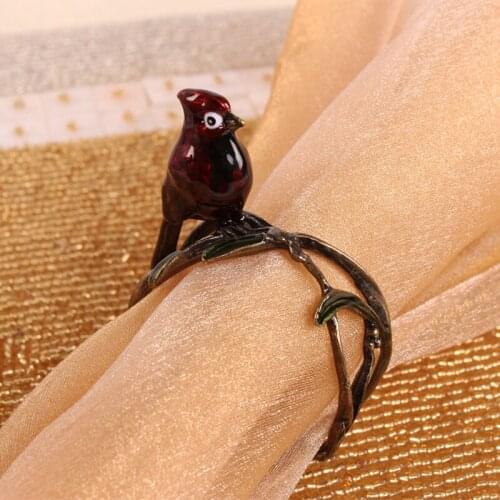 Antique Brass Red Hand Enameled Bird On Amber Branch With Green Leaves Circle Metal Alloy Napkin Rings Set of 4 Pieces