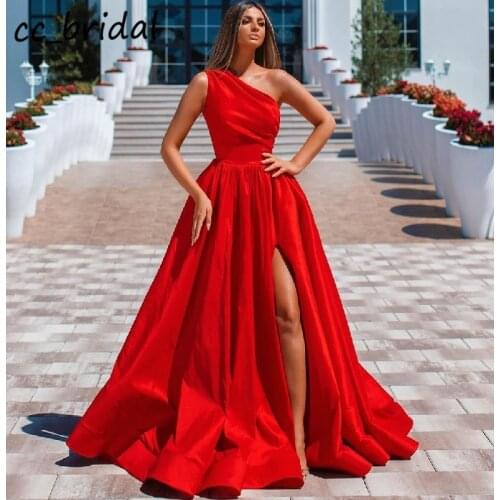 Elegant One Shoulder Prom Dresses Long 2020 Luxury Red Satin Dress Woman Party Night With Pocket High Split rochii Evening Gown