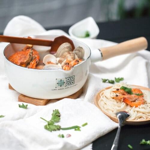 Enamel Pot Single Wooden Handle White Soup Pot Milk Pot