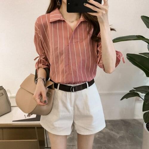 Summer Womens New Korean Style Lace-up Short-Sleeved Striped Shirt Womens Loose Casual Shirt BF Large Size Shirt