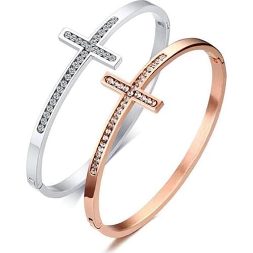 Stainless Steel Minimalist Rose Gold Shiny Rhinestones Cross Women Delicate Fashion Bangle Bracelet Jewelry Gift For Him