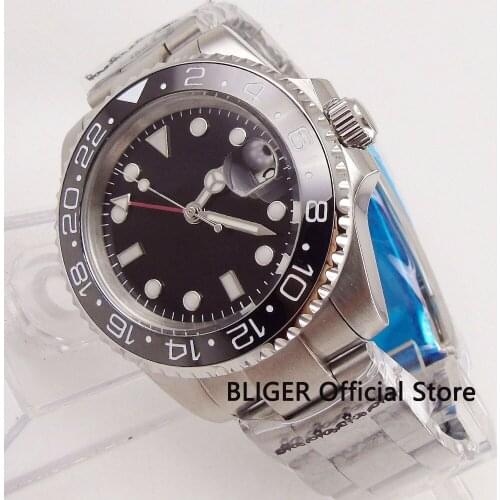 BLIGER 40mm Sterile Black Dial Mens Watch GMT Function Automatic Movement Mechanical Mens Wristwatch