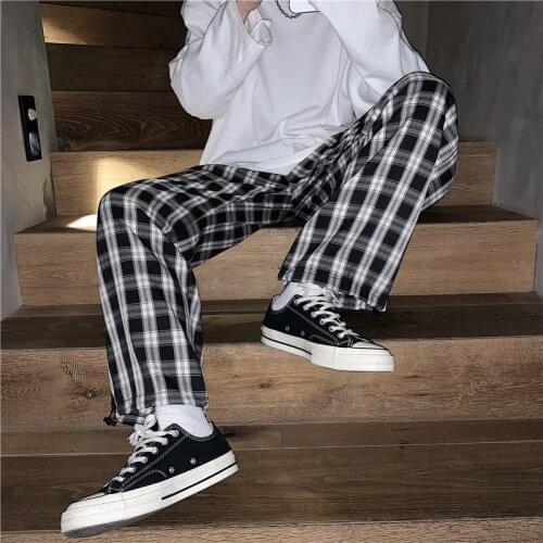 2021 New Casual Korean Plaid Pants Harajuku Style Grid Wide Pants Men Elastic Leg Opening Ankle Length Pants Men Women Trousers