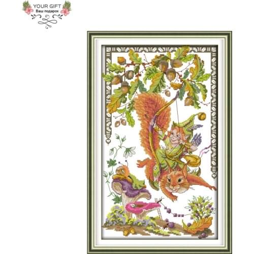 Joy Sunday DA010 14CT 11CT Stamped and Counted Home Decoration Squirrels And Elves Needlework Embroidery DIY Cross Stitch Kits