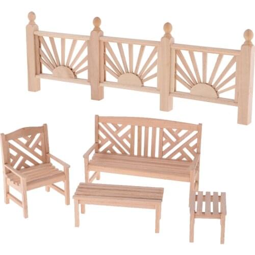 Vintage Style 5pcs Unpainted 1/12 Garden Bench Table Rail Fence Dolls House DIY Furniture Accessories