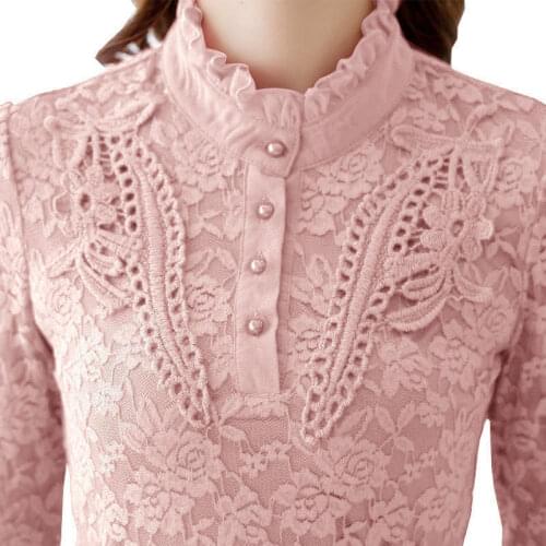 Autumn Winter Fleece Thicken Tunic Women Turtleneck Lace Elegant Ladies Tops Blouse Vintage Clothes Button Basic Tee Shirt