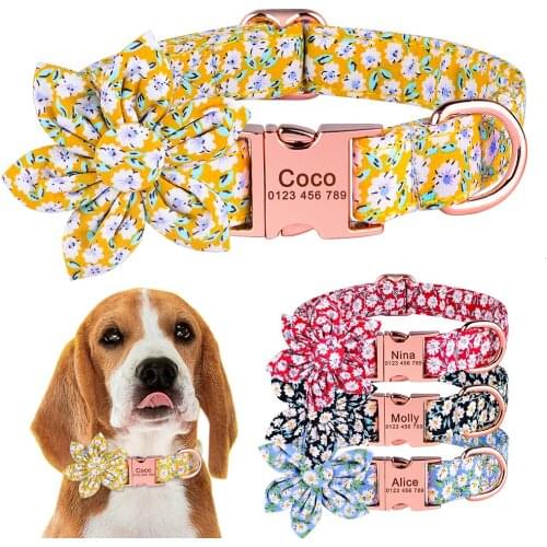 Personalized Nylon Flower Dog Collar Free Engraved Small Large Dog Collar Adjustable Nylon Plaid Flower Unisex Custom Dog Collar