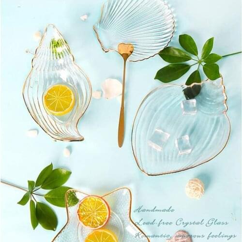 Transparent Dessert Plate Glass Salad Bowls Cute Decorative Ocean Conch Tray Dish Golden Tray for Salad Fruit Vegetable Biscuit