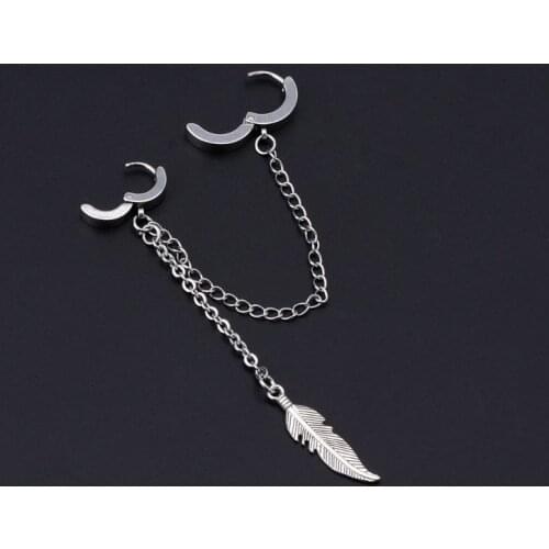 1Pc Titanium Feather Pendant Double Long Chain Leaf Earring Korean Idols Jewelry U2JF