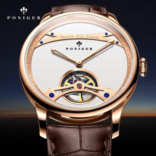 Switzerland Luxury Brand PONIGER Japan Automatic Mechanical Men‘s Watches Sapphire Skeleton Flywheel 50M Waterproof Clock P819