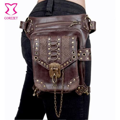 Vintage Brown PU Leather Unisex Steampunk Bag Gothic Rock Leg Holster Waist Bag Shoulder Bags Corsets Outfits Accessories