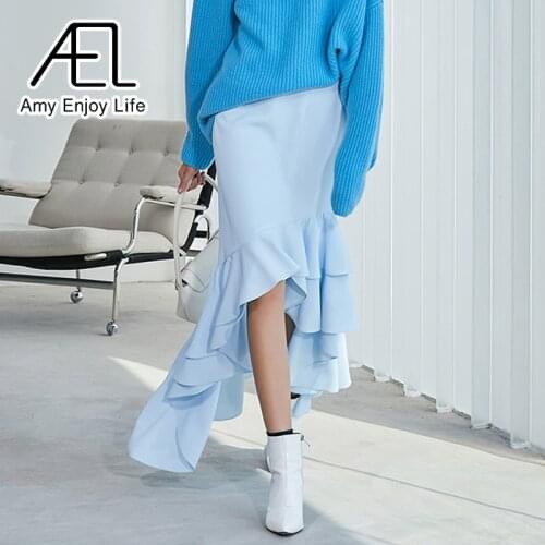 AEL Irregular Layers Ruffle Fishtail Womens Skirt Midi Light-Blue Spring Streetwear