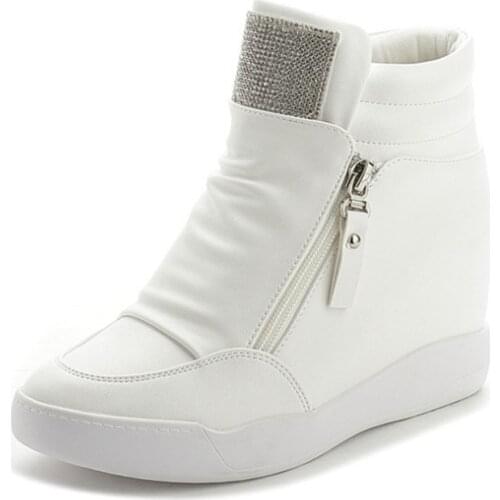 Womens High Top Leather Sneakers Platform Double Zippers Rhinestone Shoes 2019 Spring New Casual 7CM Heeled Wedge Sneakers Women