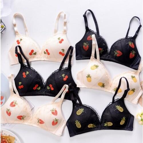 Women Small Chest Underwear Fruit Flowers Embroidery Adjustable Strap Bra Sexy Lace Intimate Lingerie Push Up Brassiere Girls