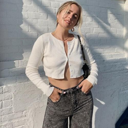 Women Summer Top, Long Sleeve Solid Color Crop Outfit, Button-Down Slim-Fit Cardigan T-Shirt, Wild Fashion Round Neck Casual Top