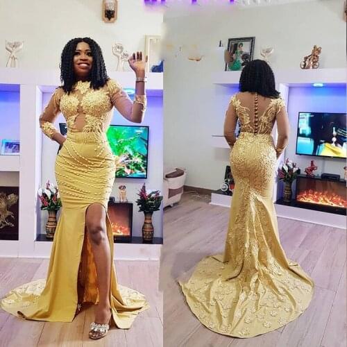 Gold Mermaid Evening Dresses Side Slit 3/4 Sleeve Lace Appliques Button Floor Length Party Prom Gowns Satin Sweep Train 2021