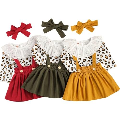 2021 0-3Y Toddler Baby Girl Clothing Spring Infant Leopard Printed Lace Crew Romper+Strap Skirt+Bow Tie Headband 3pcs Set
