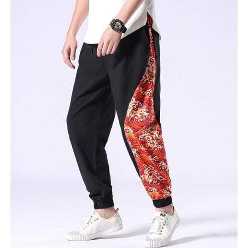 #8076 Spring Summer Black Cotton Linen Pants Men Spliced Color Retro Casual Harem Pants Elastic Waist Mens Joggers Plus Size 5XL