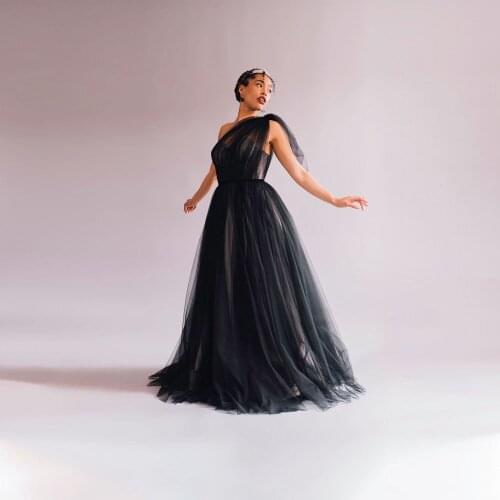 Black Sexy Elegant Exquisite Women Dress One-Shoulder Tulle Summer Dress A-line Floor Length Evening Dress Custom Made