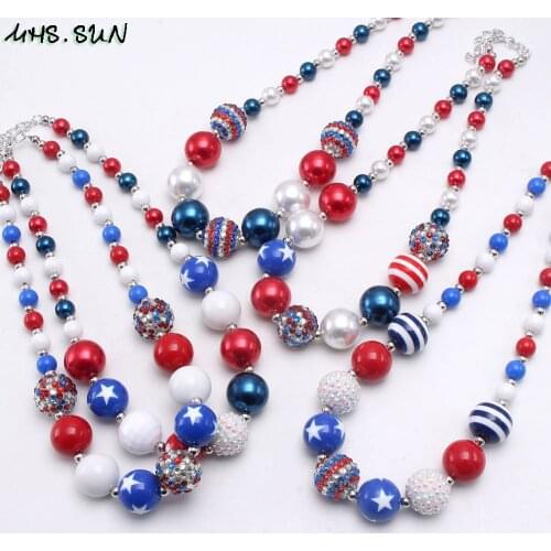 MHS.SUN Girls Kids Chunky Blue/Red Beads Necklace US Flag Style Bubblegum Necklace Child Forth July Party Jewelry 1Pcs