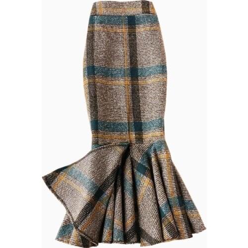 Coffee plaid woolen mermaid skirt women autumn winter high waist package hip trumpet skirt plus size 4XL