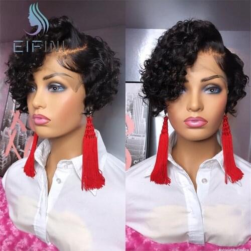 Short Curly Pixie Cut Human Hair Wigs Brazilian Remy Hair 4x4 Lace Closure Wigs Pre Plucked Glueless T Part Lace Wigs For Women