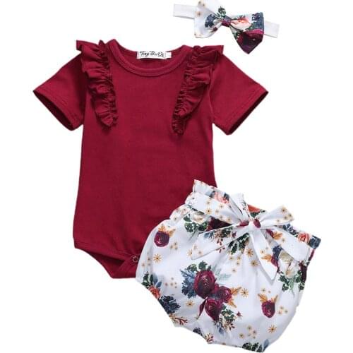 Newborn Kids Baby Girls Summer Outfits Short Sleeve Ruffle Romper Playsuit Tops Shorts Pants Headband Clothes Set