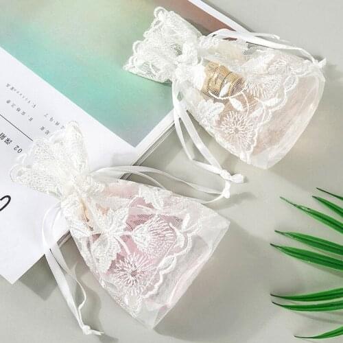 4pcs White Maple Lace Bags Drawstrings Pouches Slub Yarn Organizer Jewelry Bags Wedding Favor candy Cookies Gift organza Bag