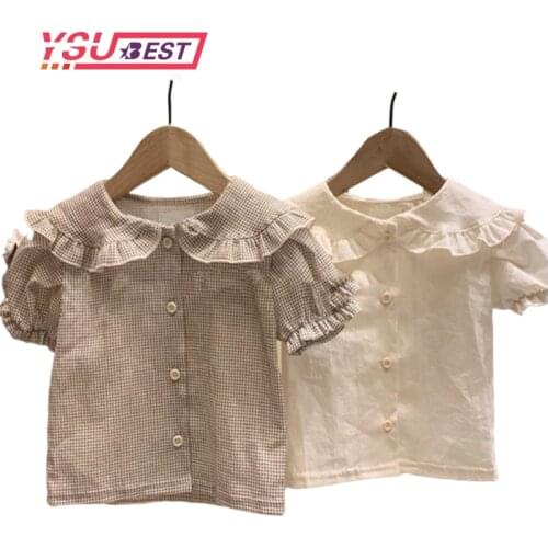 0-3Yrs Fashion Girl Shirt Summer 2020 Turn-down Collar Cute Bubble Sleeve Baby Girl Tops Plaid Kids Shirt Girl Blouse White