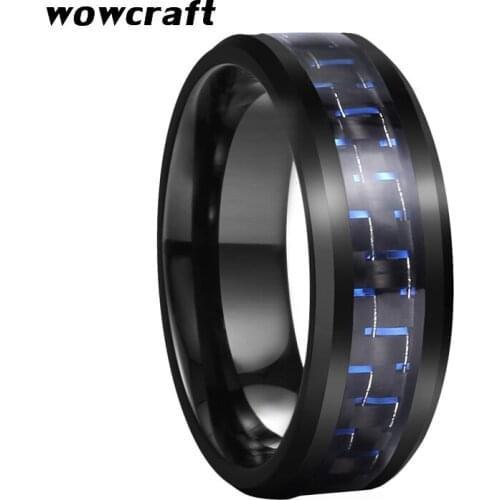 Mens Womens Wedding Band Tungsten Ring Mirror Polished Finish with Blue Black Carbon Fiber Inlay Beveled Edges Engagement Rings