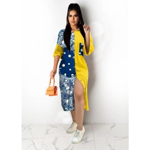 New Spring And Autumn Ladies Long Shirt Skirt Large Size Slimming Casual Fashion Printing Contrast Shirt Long-Sleeved Dress