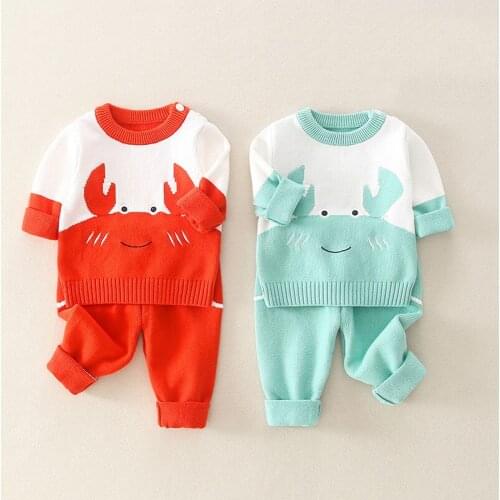2021 New Spring Autumn Childrens Clothes Suit Cartoon Crab Knitted Long-sleeved Pullover Two-piece Clothes For Boys and Girls