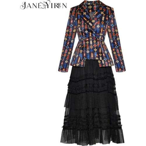 Janeyiren Fashion Designer Suit Autumn Winter Women Long sleeve Stripe Print Suit Tops+Mesh Skirt Two-piece set